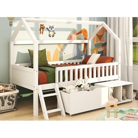 ModernLuxe Massief houten kajuitbed - 90x200 cm - met opbergruimte en ladder - Wit