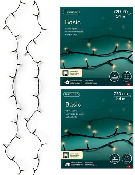 Lumineo Kerstverlichting - 2x - 720 leds -warm wit - 5400 cm - zwart snoer - timer en dimmer