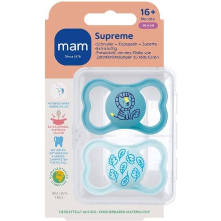 MAM Supreme Silikon Fopspeen 16+ mnd Blauw 2 stuks