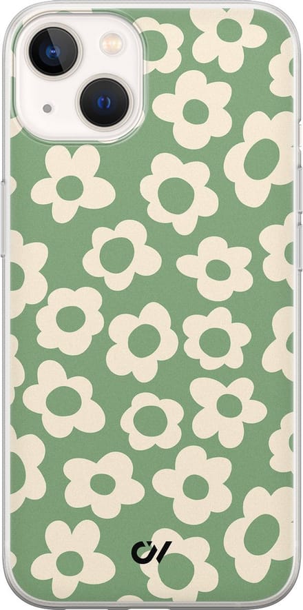 Hoesje geschikt voor Apple iPhone 13 - Retro Cute Flowers - - Groen - Apple - Casevibes