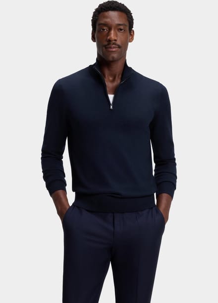 BOSS Ebenji regular fit half-zip trui wol - heren trui middeldik met korte rits - donkerblauw