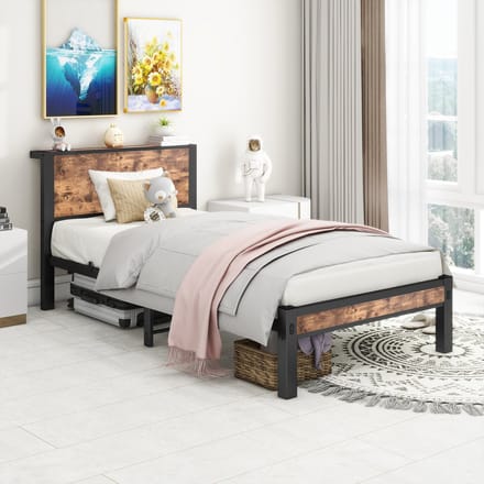MODFU Bedframe 90x200 cm – Met 27 cm opbergruimte – Antique brown houtlook – Van MDF en metaal – Incl. lattenbodem