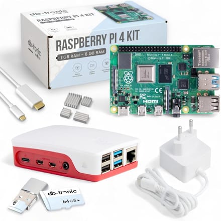 Raspberry Pi 4 1 GB Starterskit, USB-C-voeding 15 W, behuizing, 64 GB-editie, 4K Micro HDMI-kabel, koellichaamset