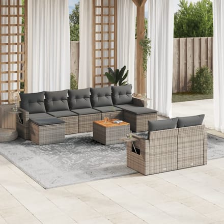 vidaXL - 10-delige - Loungeset - met - kussens - poly - rattan - grijs