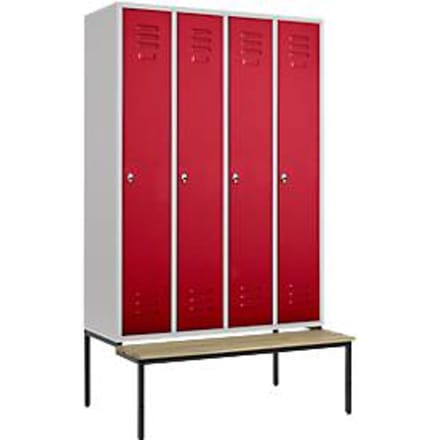 Kledinglocker, 4 compartimenten, 300 mm, draaigrendelslot, zitbank Deur robijnrood
