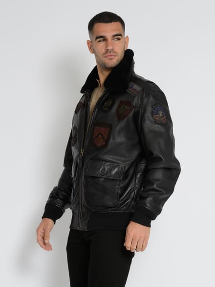 Top Gun leren jas TG2023004 met lamsleren kraag