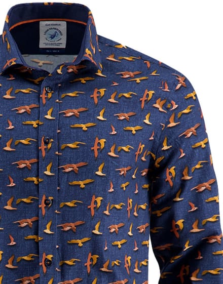A Fish Named Fred overhemd donkerblauw geprint vogels