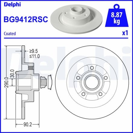 Remschijf DELPHI BG9412RSC achter, volledig, 1 Stuk