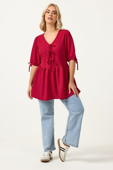 Yours Rode Getextureerde Top Met Strik Aan De Voorkant Size 58-60