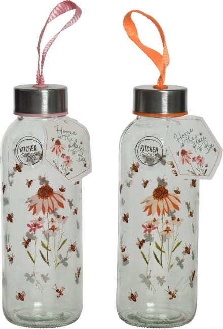 Decoris Waterfles glas met bloemenprint