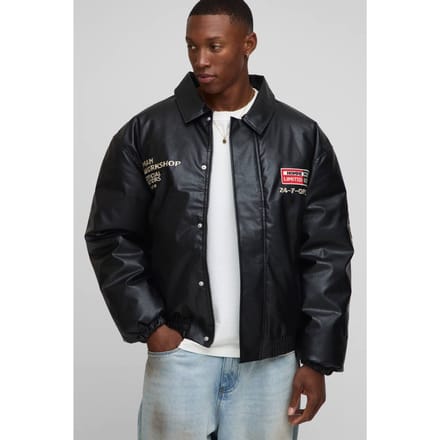 Men's Oversized Fit Badge Applique Bomberjack met kraag | Black | Size Medium