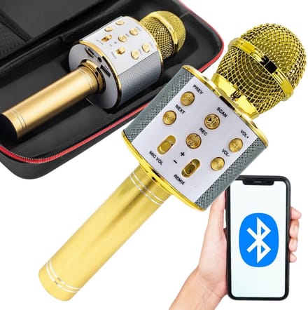 Playos® - Microfoon in etui - Goud - Draadloos - Bluetooth - met Stemvervormer - Karaoke Microfoon - Kinderen en Volwassenen - Speaker - Karaoke Set