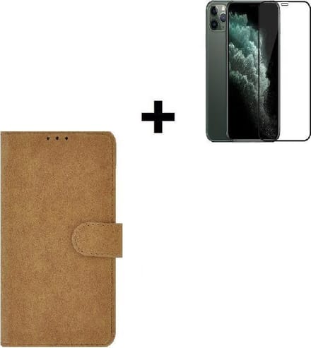 iPhone 12 / 12 Pro Hoesje - Book case - iPhone 12 / 12 Pro Screenprotector - iPhone 12 / 12 Pro Hoesje Wallet Bookcase Bruin + Full Tempered Glass