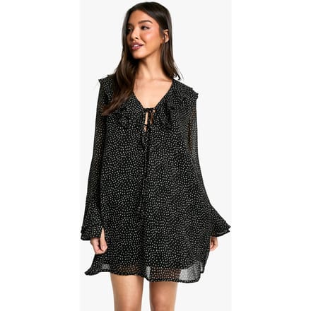 boohoo Dames Polkadot Ruffle Shift Mini-jurk | Black | Maat: 10