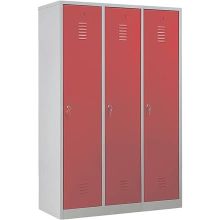 Kledinglocker, 3 deuren, cilinderslot, B 1118 x H 1800 mm lichtgrijs/rood