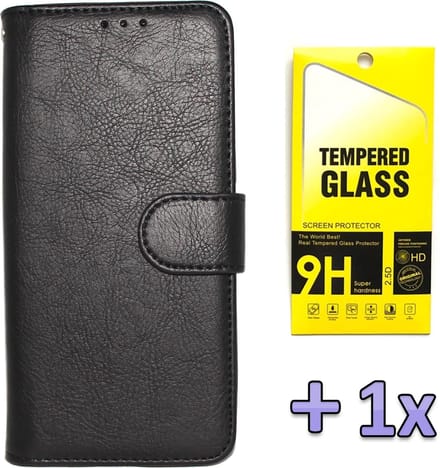 HB Hoesje Geschikt voor Apple iPhone 12 Mini Zwart - Luxe Kunstlederen Portemonnee Book Case & Glazen Screenprotector