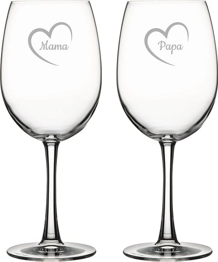 Gegraveerde Rode wijnglas 58cl Mama met hartje & Papa met hartje