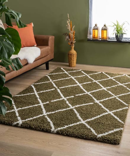 Hoogpolig vloerkleed ruiten Artisan - olijfgroen/wit 280x380