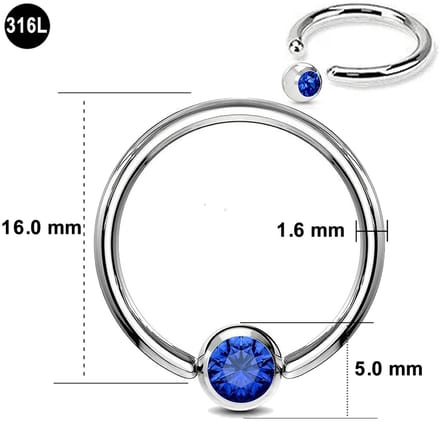 Ball Closure Piercing Ring – 1.6 mm Dikte – 16.0 mm Diameter – Chirurgisch Staal - Blauwe steen