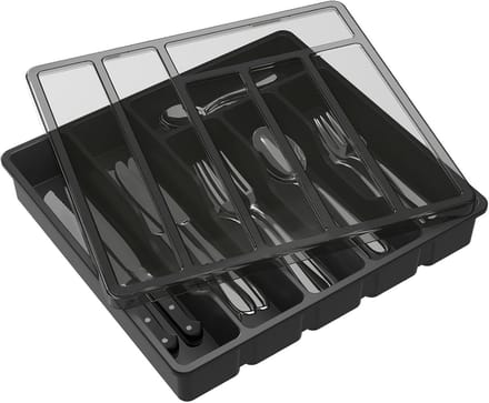 Famanu - Besteklade met deksel keuken organizer met 6 compartimenten zwart