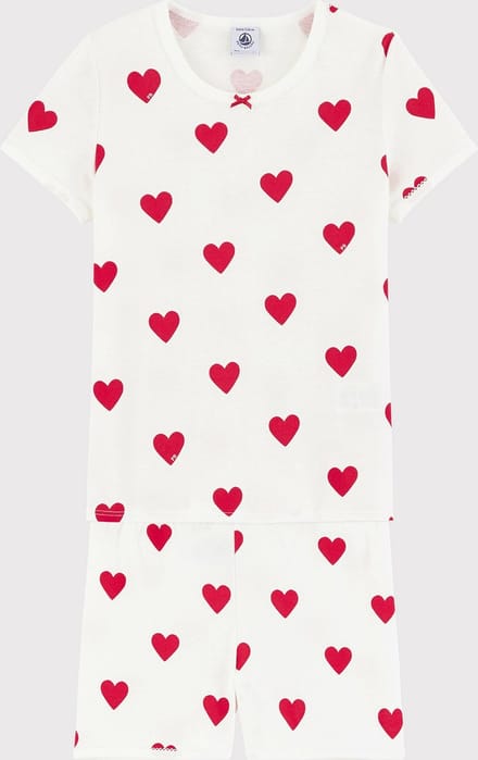 Petit Bateau Korte meisjespyjama in katoen met hartjes Meisjes Pyjamaset - Wit/Rood