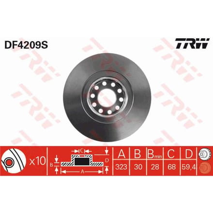 Remschijf TRW DF4209S voorkant, geventileerd, sterk gecarboniseerd, 1 Stuk