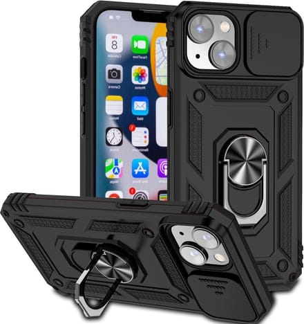 Lunso - Armor backcover hoes met ringhouder - Geschikt voor iPhone 14 - Zwart