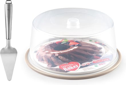 Plasticforte Taart/gebakjes bewaardoos - rond D32 x H15 cm - bodem taupe - met taartschep rvs 27 cm