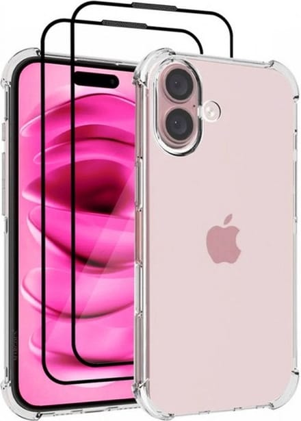 Anti Shock Silicone Hoesje Geschikt voor iPhone 16 Plus - Transparant + 2X Volledige Tempered Glas Screen protector - ZT Accessoires