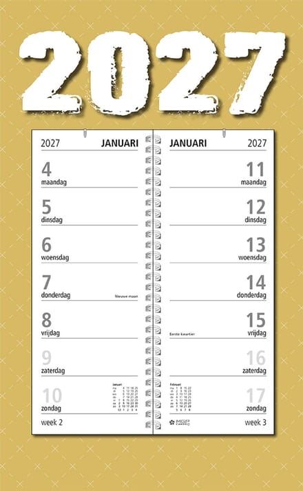 MGPcards - Omlegweekkalender 2027 - Week begint op maandag - 21 x 34 cm - Oker