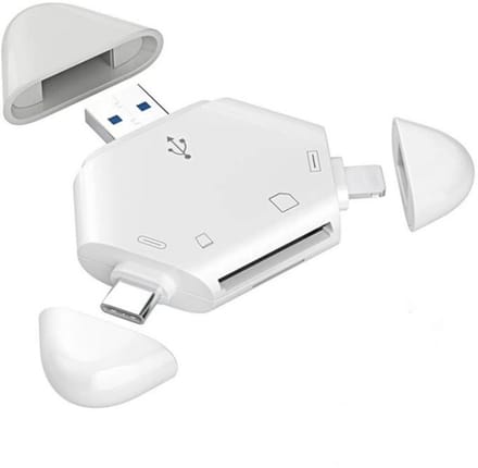 USB + 8-Pin + USB-C naar SD + Micro-SD (tf) kaartlezer adapter - cardreader - geschikt voor iPhone en laptop - wit