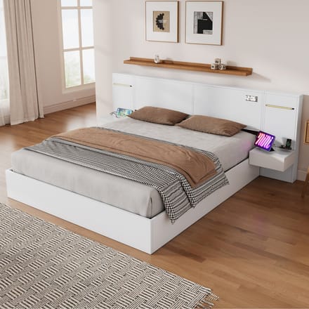 MODFU Bedframe 180x200 cm – Wit MDF – Met Bluetooth-speaker, LED & 2 Nachtkastjes – USB-A & USB-C – Incl. Lattenbodem – Max. 272 kg – High-tech voor Moderne Slaapkamer