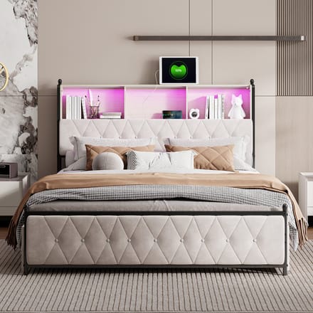 Velours Polsterbed 180x200 met LED & USB-C – Bedframe met Opbergruimte – Beige Kingsize Bed