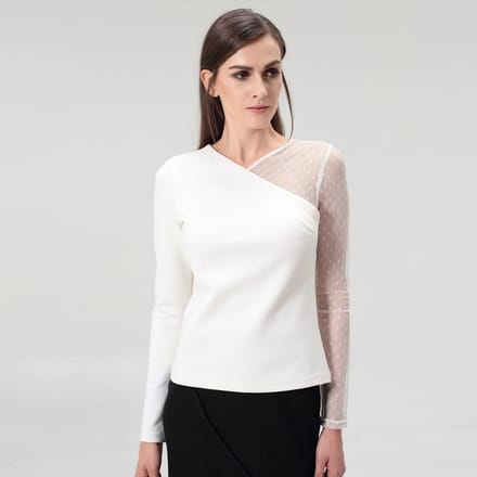 Asymmetrische lange mouwen in Jersey en Tule