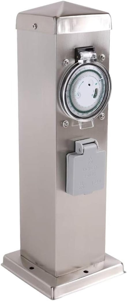 Roestvrijstalen buitensteunkolom met 2 wandcontactdozen en programmeerbare timer hoogte 35 cm