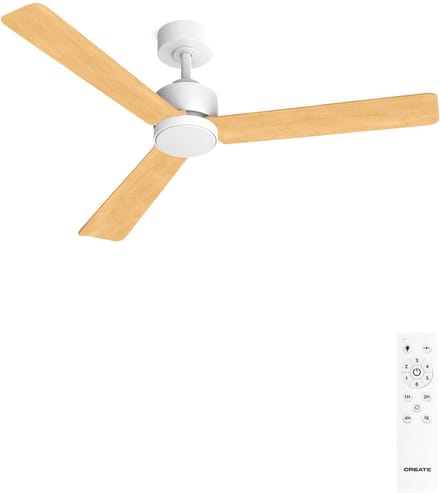 CREATE - Stille plafondventilator 40W met licht - Wit / Licht hout - Ø132cm - Afstandsbediening - WIND MODERN