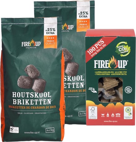 BBQ starterspakket - houtskool briketten 10 kilo - barbecue aanmaakblokjes 100x