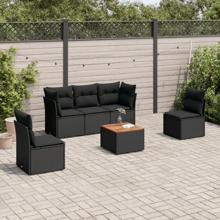 vidaXL - 6-delige - Loungeset - met - kussens - poly - rattan - zwart