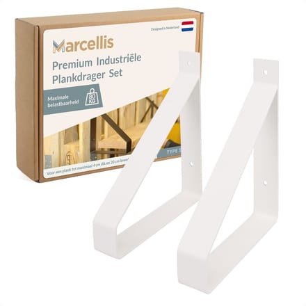 Marcellis - 2x Industriële plankdrager - Voor plank 20cm + schroefset - mat wit - staal - T1