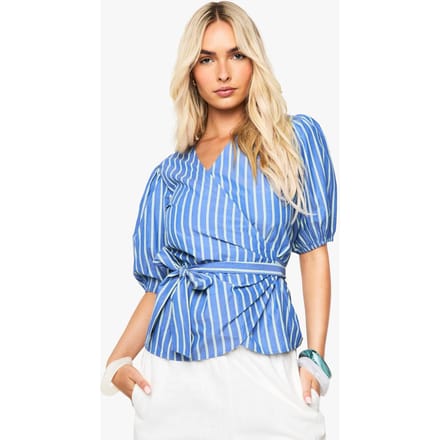 boohoo Dames Gestreepte top met pofmouwen en wrap-stijl | Blue | Maat: 8