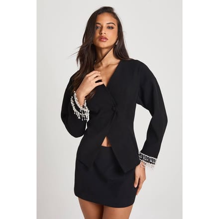 boohoo Dames Pearl Diamante manchet ballonmouw blazer | Zwart | Maat: 36