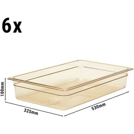(6 stuks) CAMBRO H-PAN™ - Hittebestendige Gastronormbak 1/1 - Amber - Hoogte: 100mm