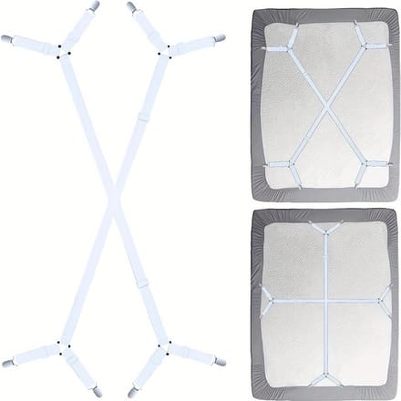 Sangle de support de drap réglable en 2 pièces - Support croisé pour toutes les tailles de matelas, attaches triangulaires élastiques, nylon noir, support de drap blanc