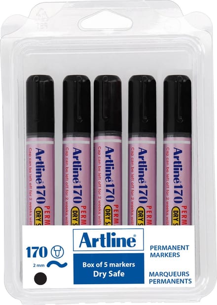 Artline 170 Drysafe Permanent Marker - Set 5 Stuks - Kogelpunt 2,0mm - Watervast & Wrijfvast - Zwart
