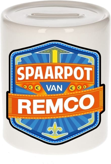 Bellatio Decorations Kinder spaarpot met naam - Remco - keramiek - met dop - wit - Sparen - Spaargeld van Remco