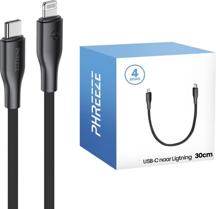 20w kabel geschikt voor iPhone met Lightning - 4 pack - 30cm kort - Zwart - Phreeze
