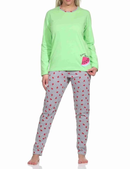 Lange damespyjama met meloenmotief, pyjamabroek met opdruk allover