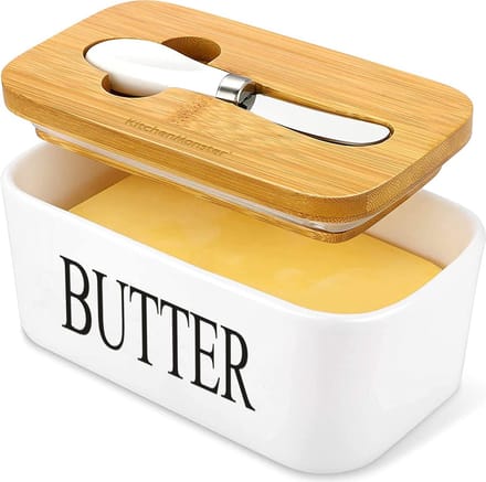 KitchenMonster Botervloot met Botermes - 600 ml Botervlootje Vershouddoos van Keramiek en Bamboe - Botervloot met Deksel Wit