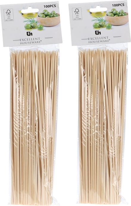 Excellent Houseware Sateprikkers - 200x - bamboe hout - 25 cm - barbecue spiezen - satestokjes