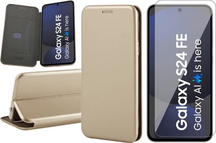 Hoesje geschikt voor Samsung Galaxy S24 FE - Screenprotector Glas - Wallet Book Case Goud